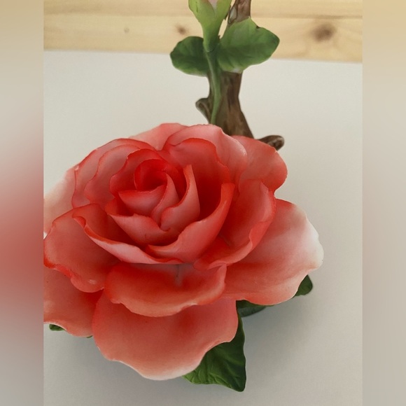 Vintage Coral Pink Porcelain Rose Figurine on Branch with Leaves Blooming Rose - Picture 8 of 9